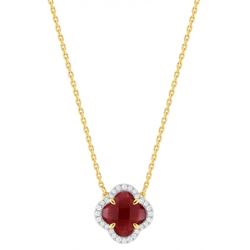 Collier, Mini Quartz Rouge, Diamants, Or Jaune