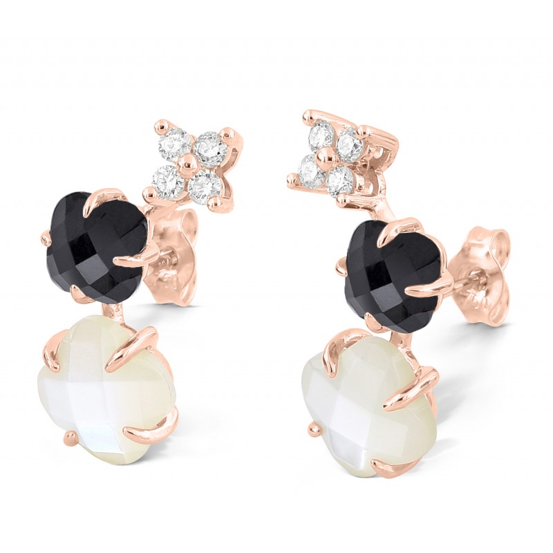 Boucles d'Oreilles, Nacre Blanche, Onyx, Diamants, Or Rose